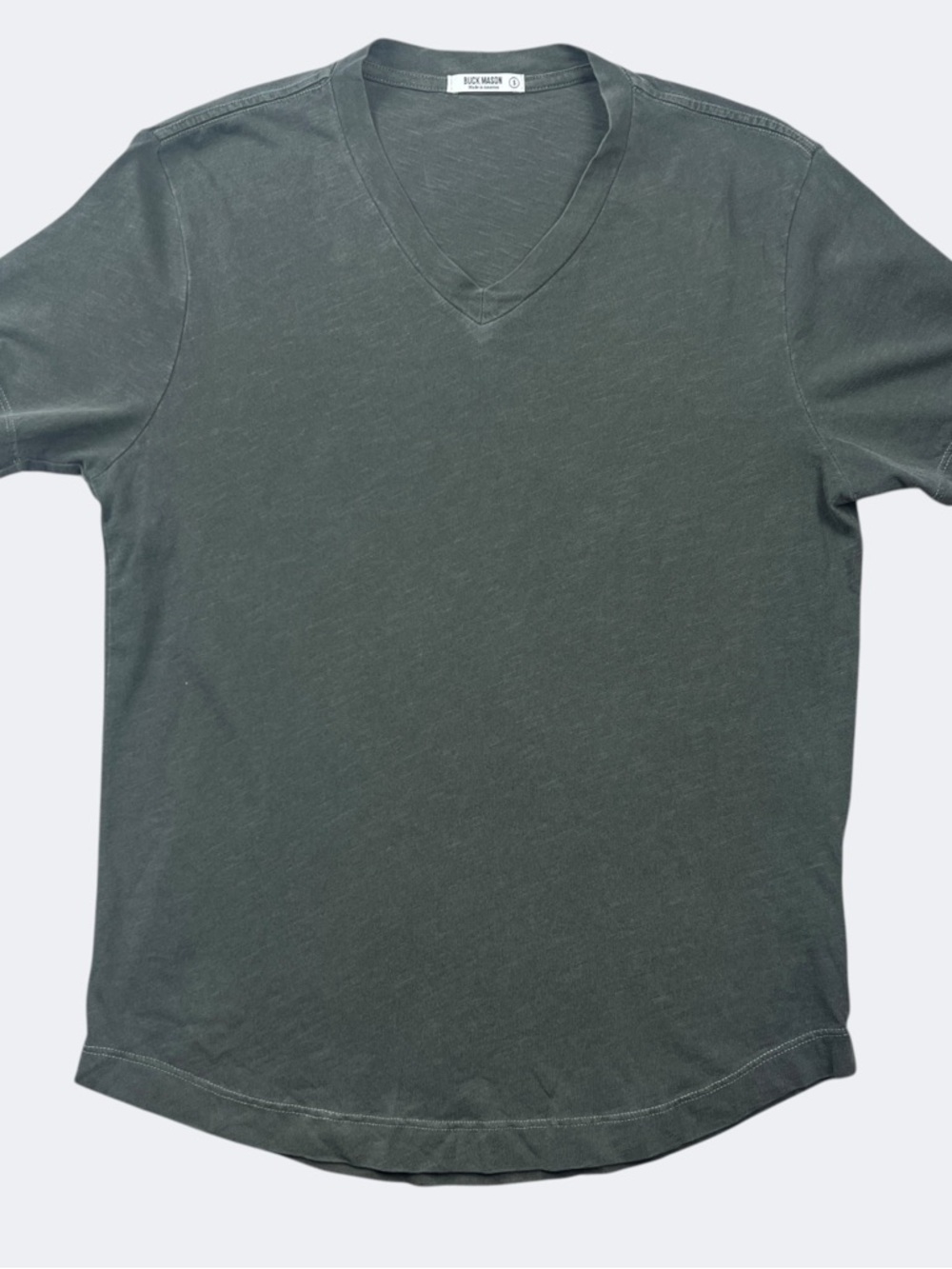 Buck Mason S Dark Olive V-Neck Short Sleeve Tee Curved Hem Slub Knit Casual